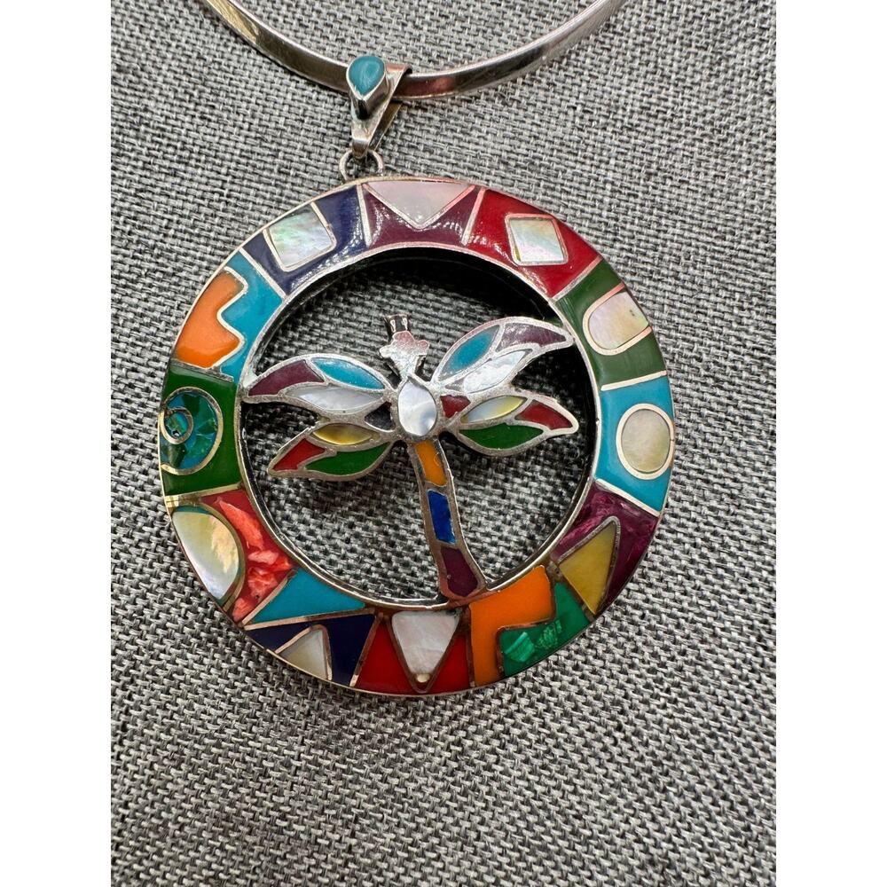 Peruvian Dragon Fly Inlay Multi-Stones 950 Sterling Silver Round Pendant Choker